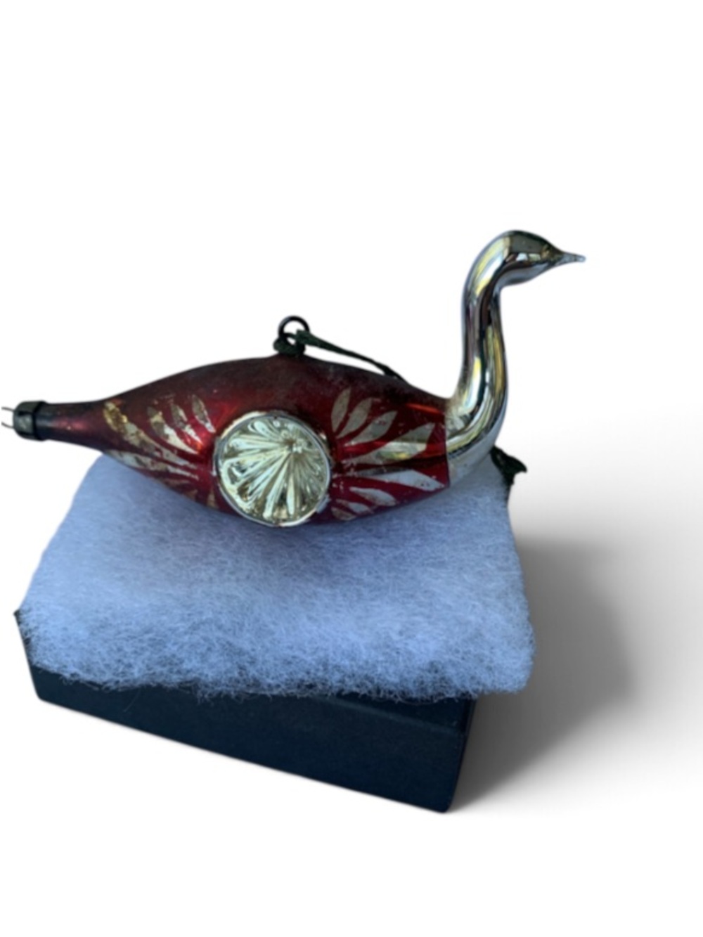 Vintage Mercury Glass Swan Bird Christmas Ornament Indent Red Silver